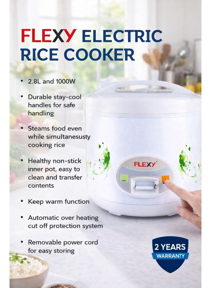 Flexy Electric Rice Cooker FDR208LC 2.8L 1000W with Steaming Function, Non-Stick Inner Pot, Keep Warm, Overheat Protection, Stay-Cool Handles, 2-Year Warranty - Image 4